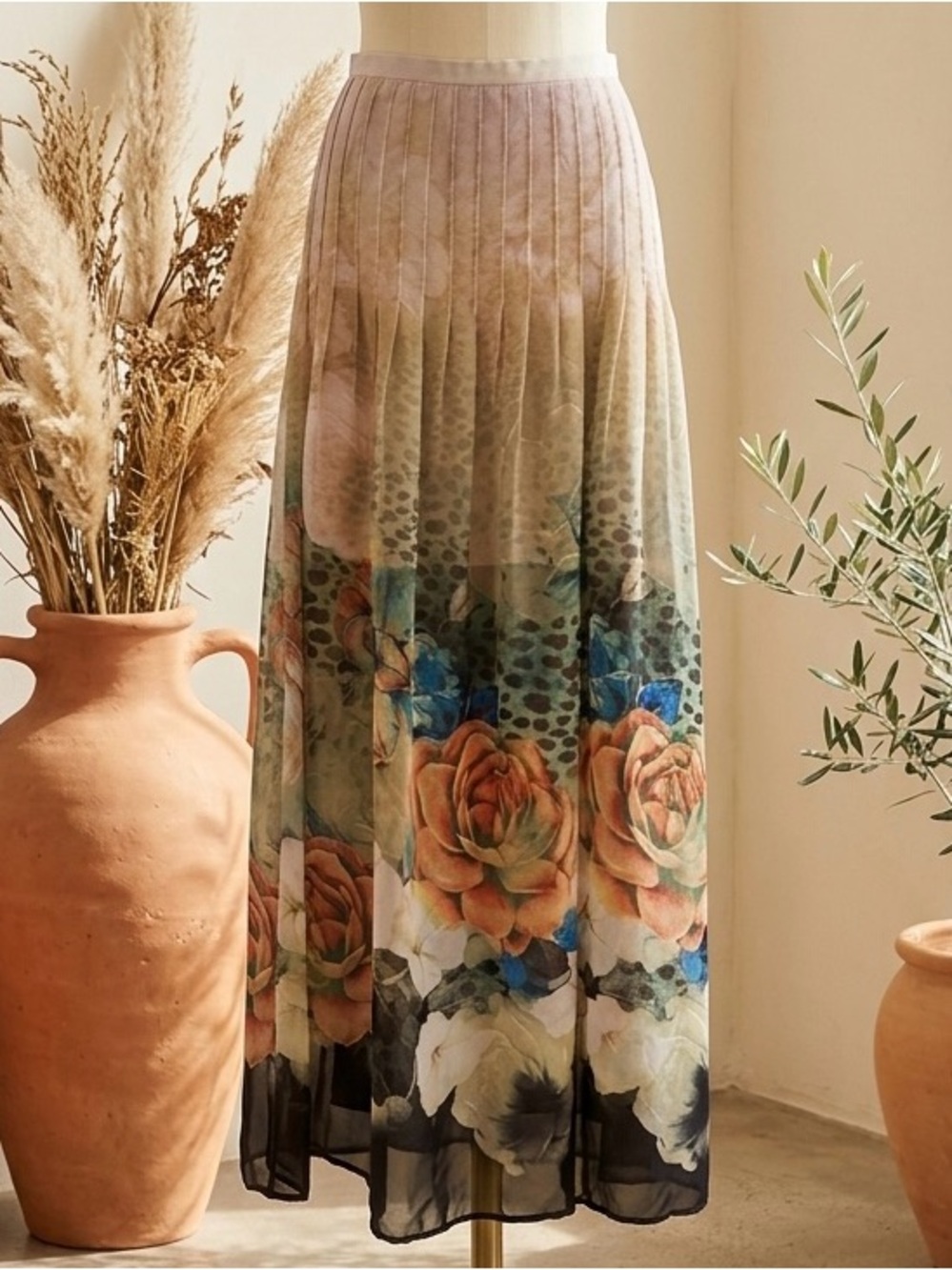 NEVADA| Vintage Semi-Sheer Lined Floral Maxi Skirt in Muted Peach and Blue Sz 10
